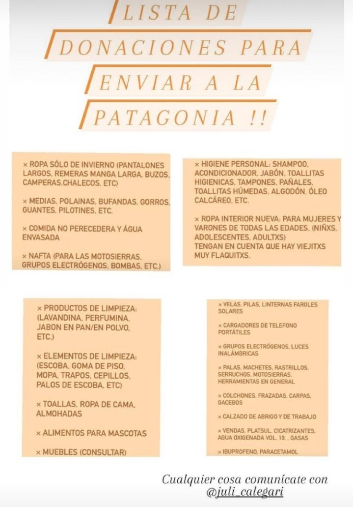 Campaña de donaciones para las familias damnificadas de la Patagonia. En la ciudad de Pérez los punto de entrega son en Orco Bar de 7:30  a 12:00 horas y por la tarde desde las 18:30 horas al cierre.  
Mientras que, en la cervecería Tuzan Pérez, se pueden dejar las donaciones los viernes y sábados de 18:00 hasta las 00:00 horas. 