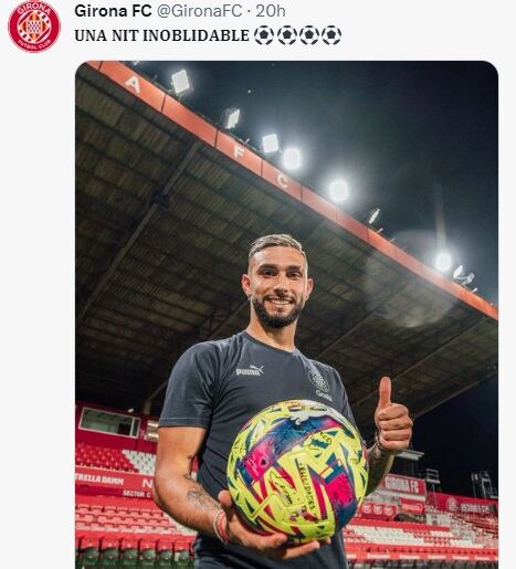 Posteo del club Girona luego de los 4 goles convertidos por el goleador mendocino al Real Madrid en el fútbol de España.