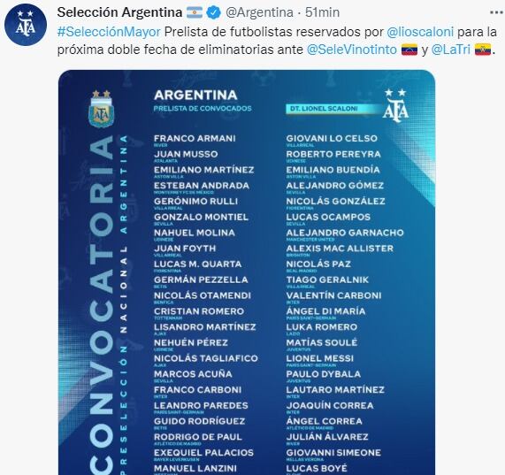 Cuti Romero, Paulo Dybala, Julián Álvarez y Nahuel Molina, adentro de una lista de 44 y con muchas sorpresas.