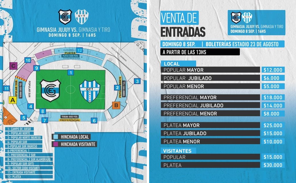 Gimnasia de Jujuy informó la disposición de las hinchadas en el reducto jujeño. El público podrá adquirir entradas en las boleterías, desde las 13:00.