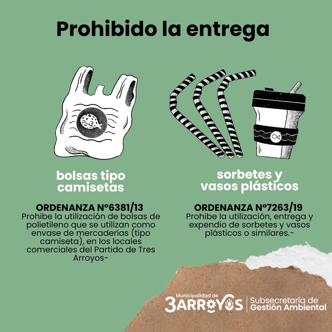 Tres Arroyos: se recuerda la  prohibición de entregar sorbetes, vasos plásticos y bolsas tipo camiseta