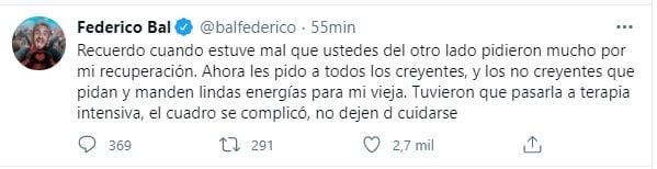 El mensaje que publicó Fede Bal en sus redes.