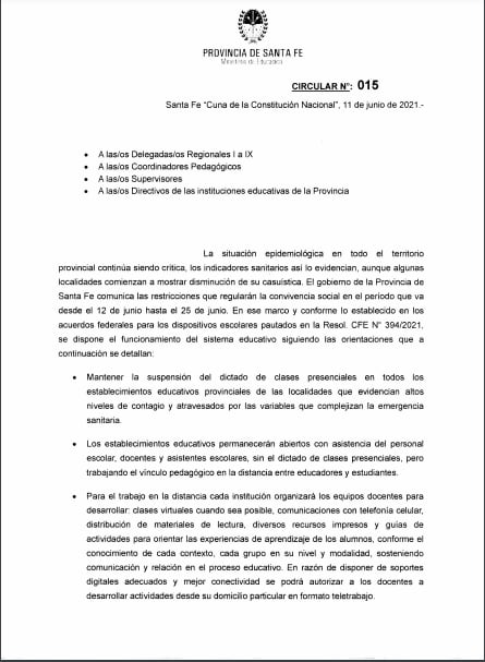 Circular del Ministerio de Educación de la Provincia