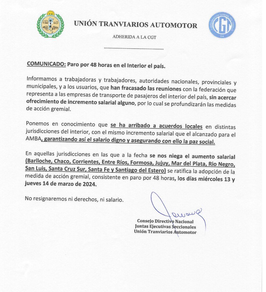 El gremio anunció un corte de crédito laboral por 48 horas en varias ciudades del interior del país.