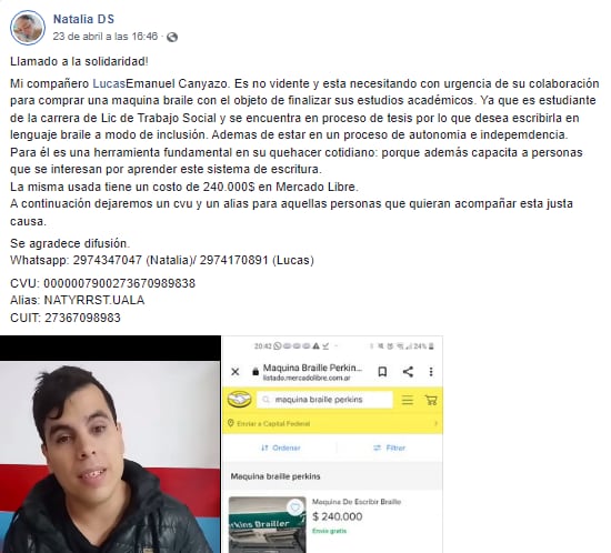 La campaña inclusiva para conseguir una máquina y que Lucas pueda escribir su tesis en braille.