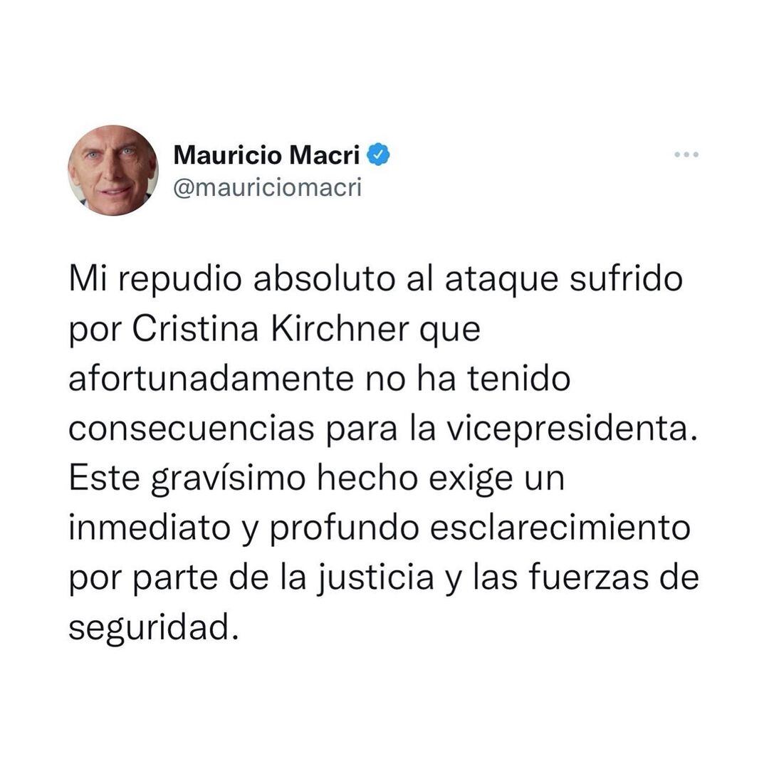 Mauricio Macri sobre el atentado a Cristina Kirchner.