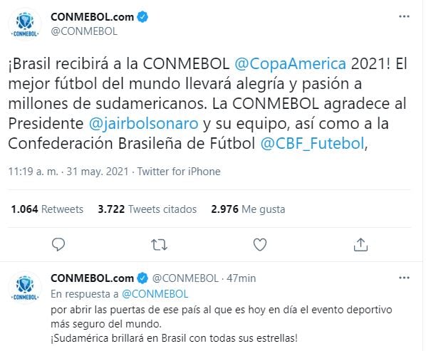 Conmebol confirmó la Copa América 2021 en Brasil.