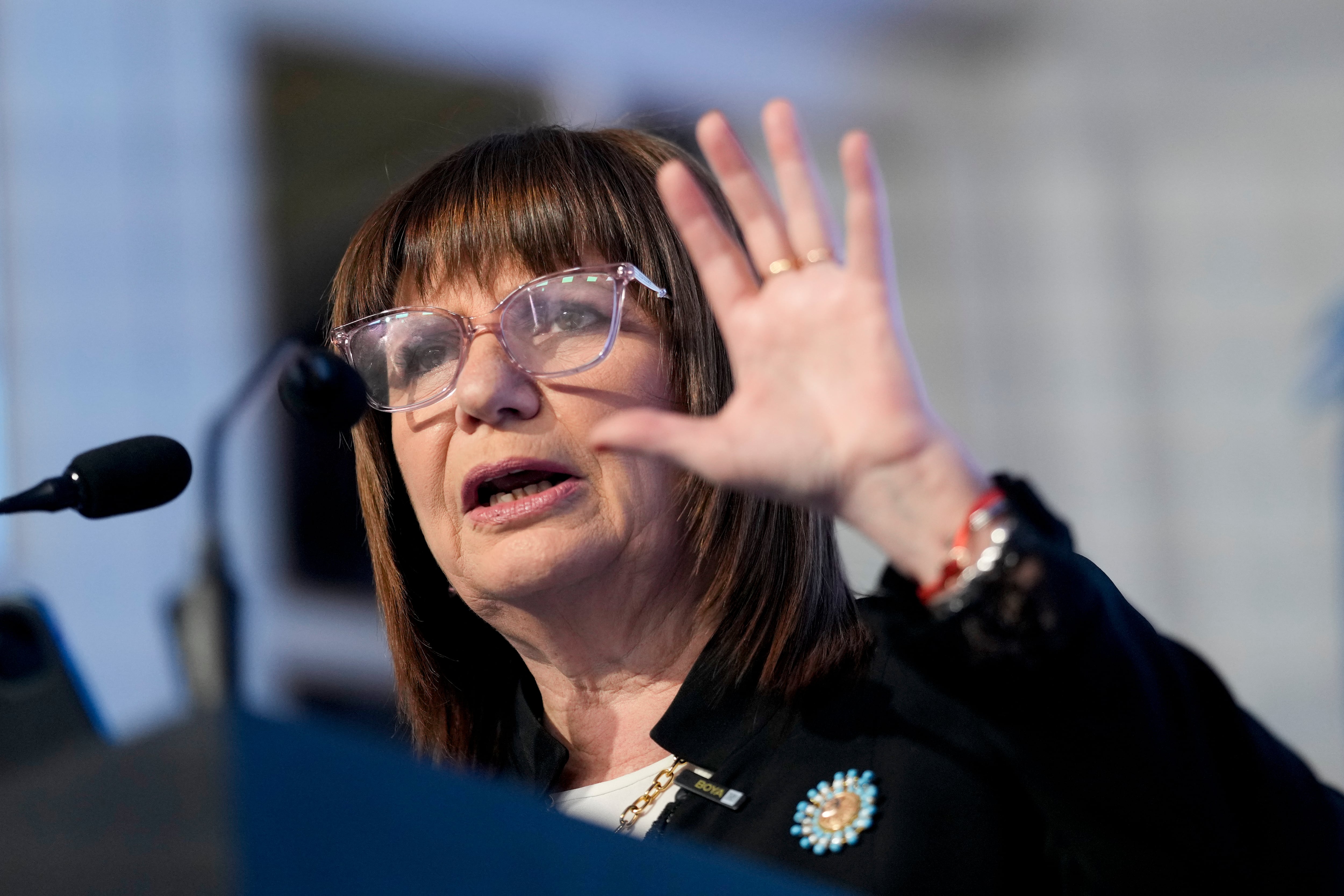 Patricia Bullrich se dirigió este jueves al Consejo de las Américas en Buenos Aires. (AP Foto/Natacha Pisarenko)