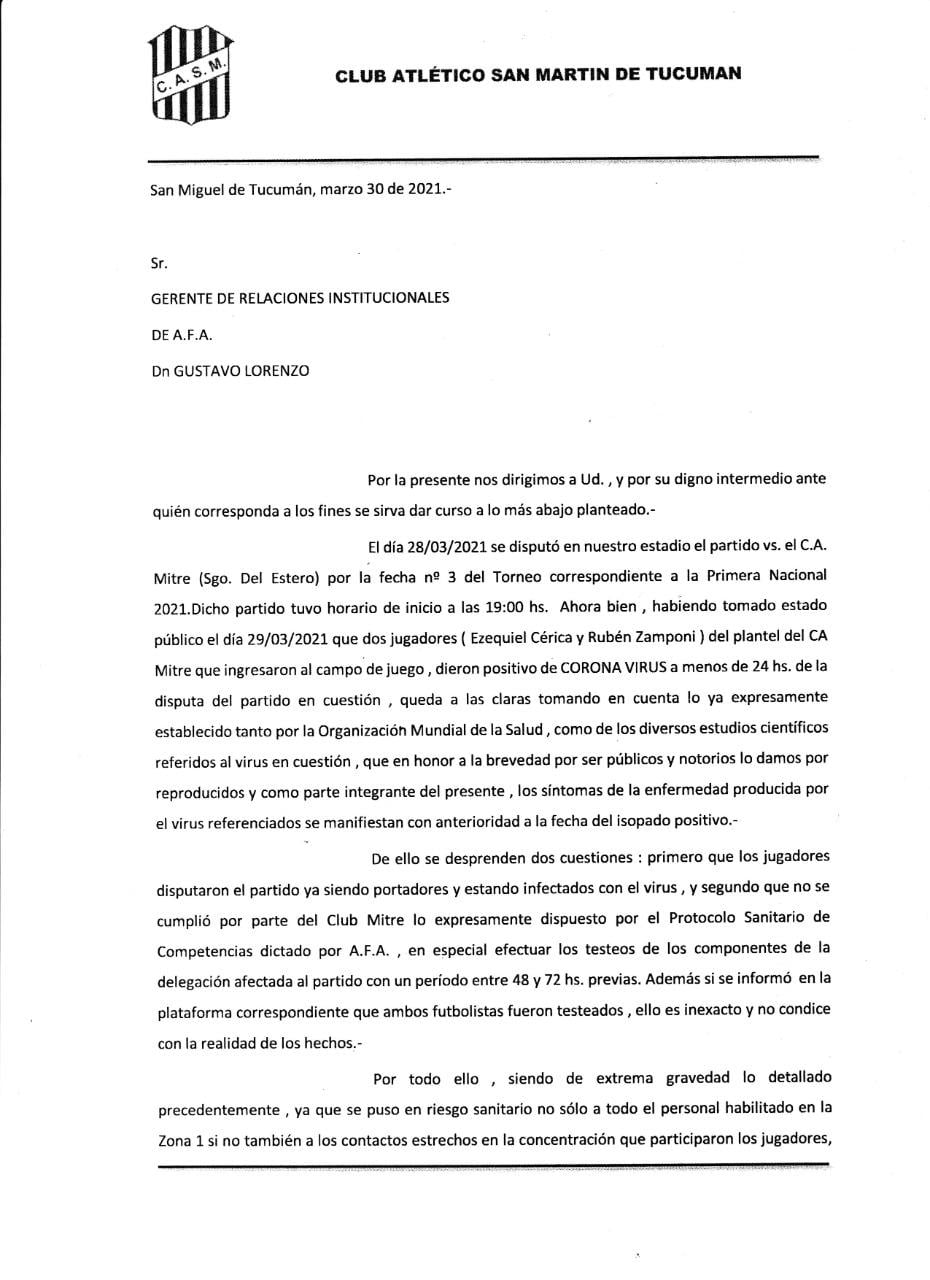 Comunicado oficial de San Martín de Tucumán.