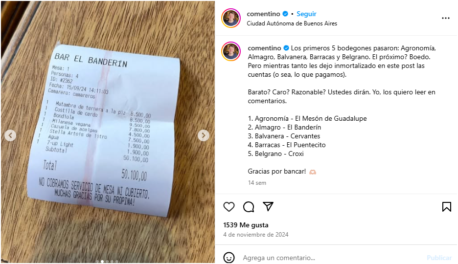 Comentino publica en su perfil de Instagram la cuenta de cada bodegón que visita para demostrar que la experiencia fue 100% real y no por canje.