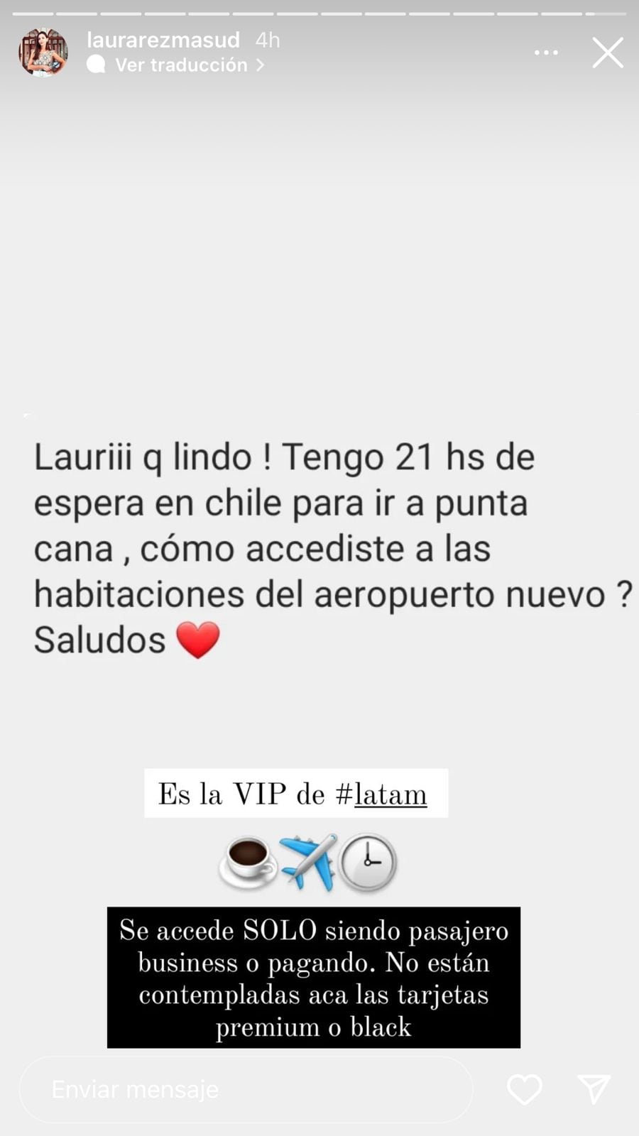 Laura Rez Massud se quedó varada en Chile y disfrutó de los lujos de la VIP del aeropuerto.