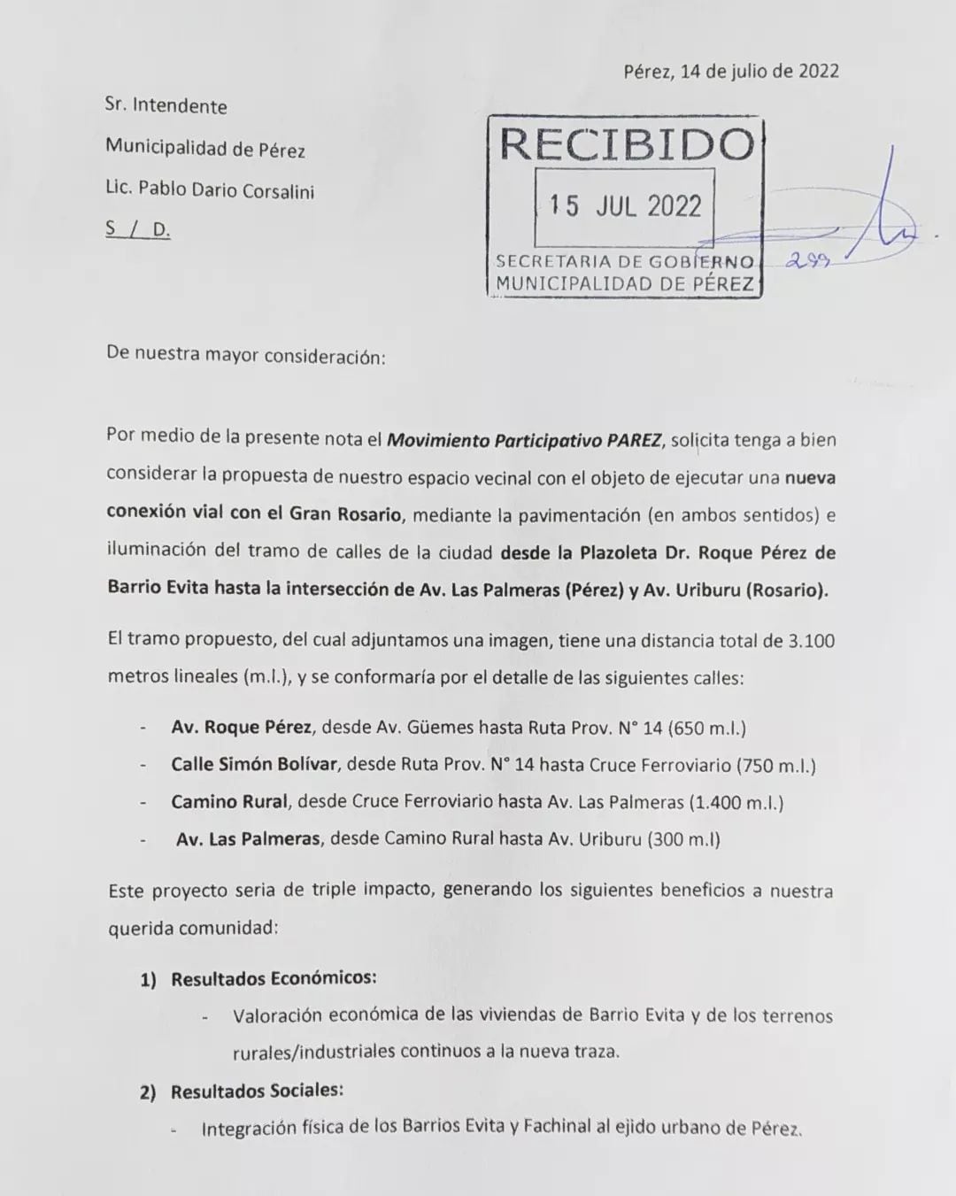 El Movimiento Participativo Parez vuelve a presentar una nueva propuesta al Ejecutivo Municipal