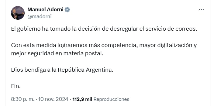 El Gobierno anunció que desregulará el servicio de correos