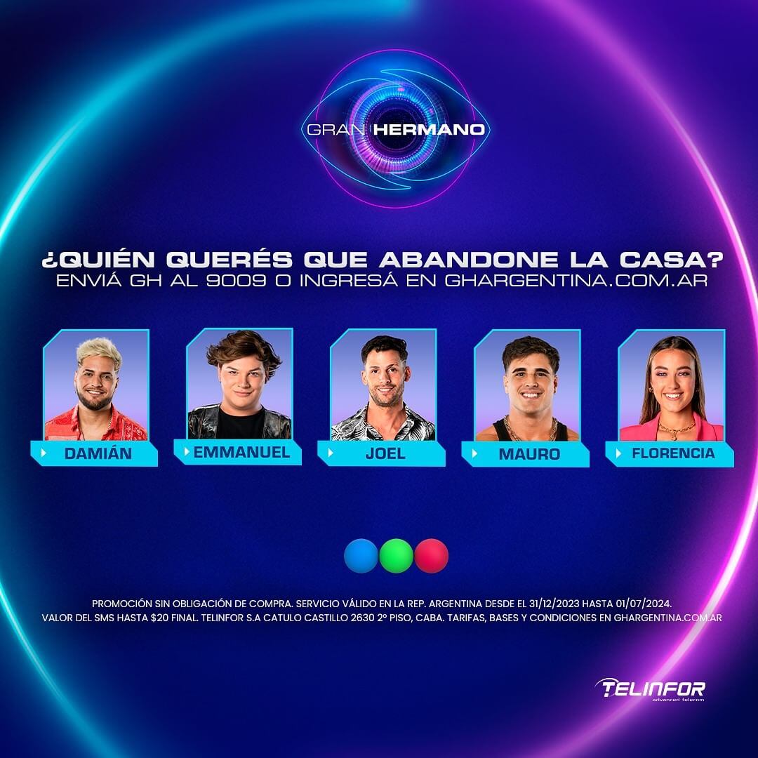 Los participantes en placa de nominados en Gran Hermano 2024 son: Damián, Emmanuel, Joel, Mauro y Florencia.