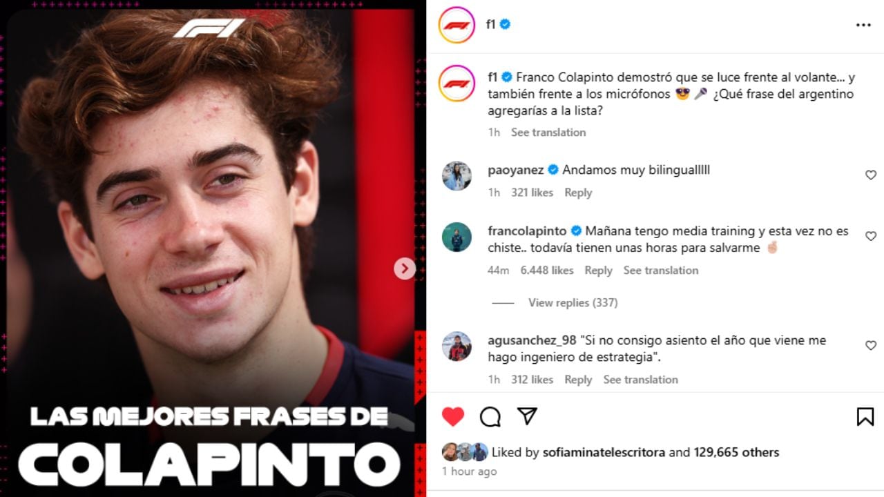 La publicación en las redes de la Fórmula 1 sobre Franco Colapinto.