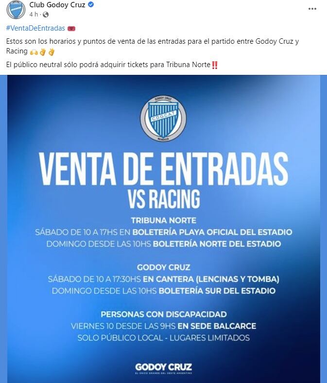 Venta de entradas Godoy Cruz vs. Racing Club, Liga Profesional.