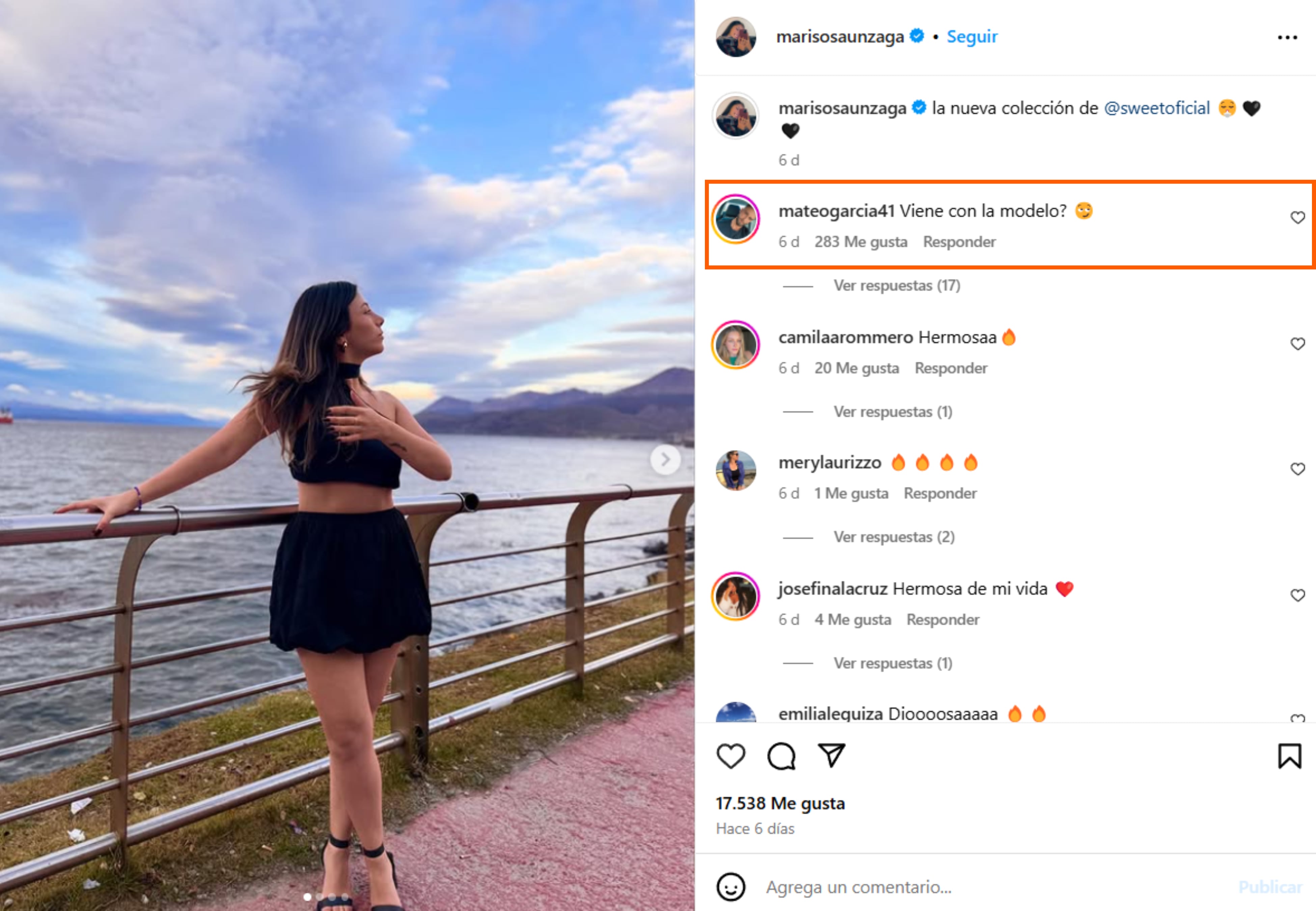 El comentario de Mateo en la publicación de Marisol modelando en Ushuaia.