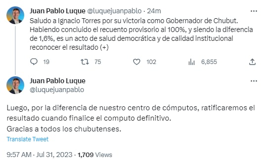 Juan Pablo Luque reconoció su derrota en Chubut y felicitó a Ignacio Torres.