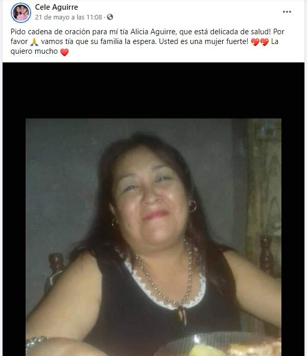 Uno de los mensajes de Facebook pidiendo por la salud de Alicia Aguirre.