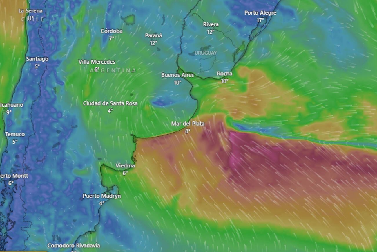 Un ciclón llegará a Buenos Aires desde el océano Atlántico. (Windy)