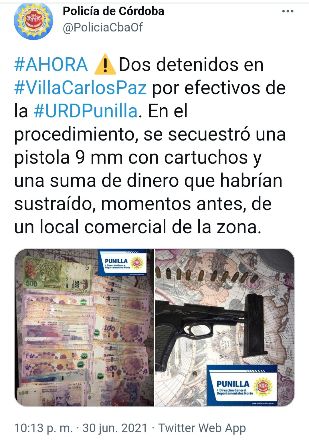 Robo, persecución, y detenidos en Carlos Paz.