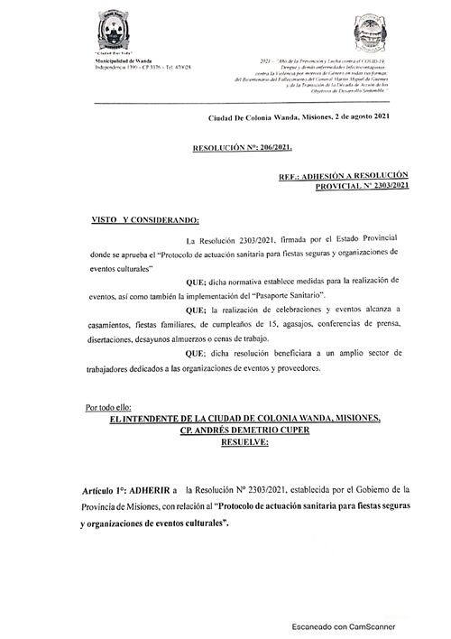 La localidad de Colonia Wanda se adhiere al protocolo sanitario de eventos y fiestas.