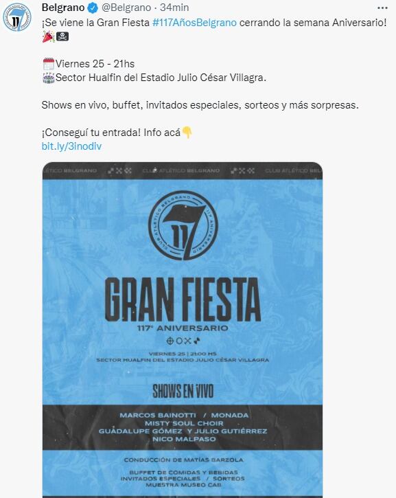 Fiesta Celeste este viernes, por el aniversario 117 de Belgrano.