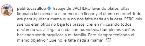 El mensaje del posteo en Instagram de Pablito Castillo.