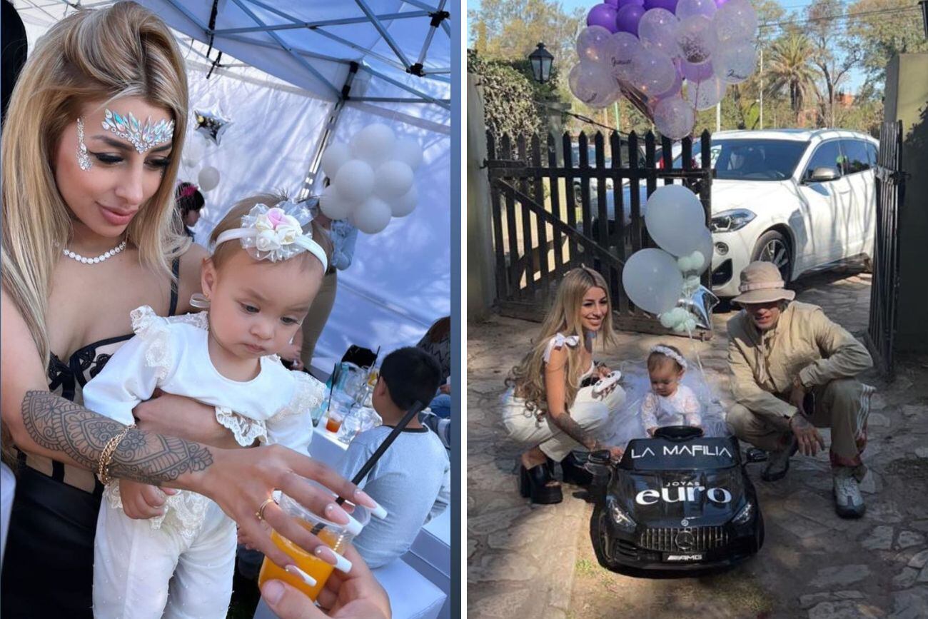 L-Gante, Tamara Báez y su hija Jamaica, en el festejo de su primer año.