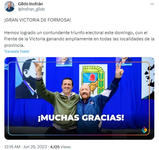 El mensaje de Gildo Insfrán tras su amplia victoria en las elecciones 2023.