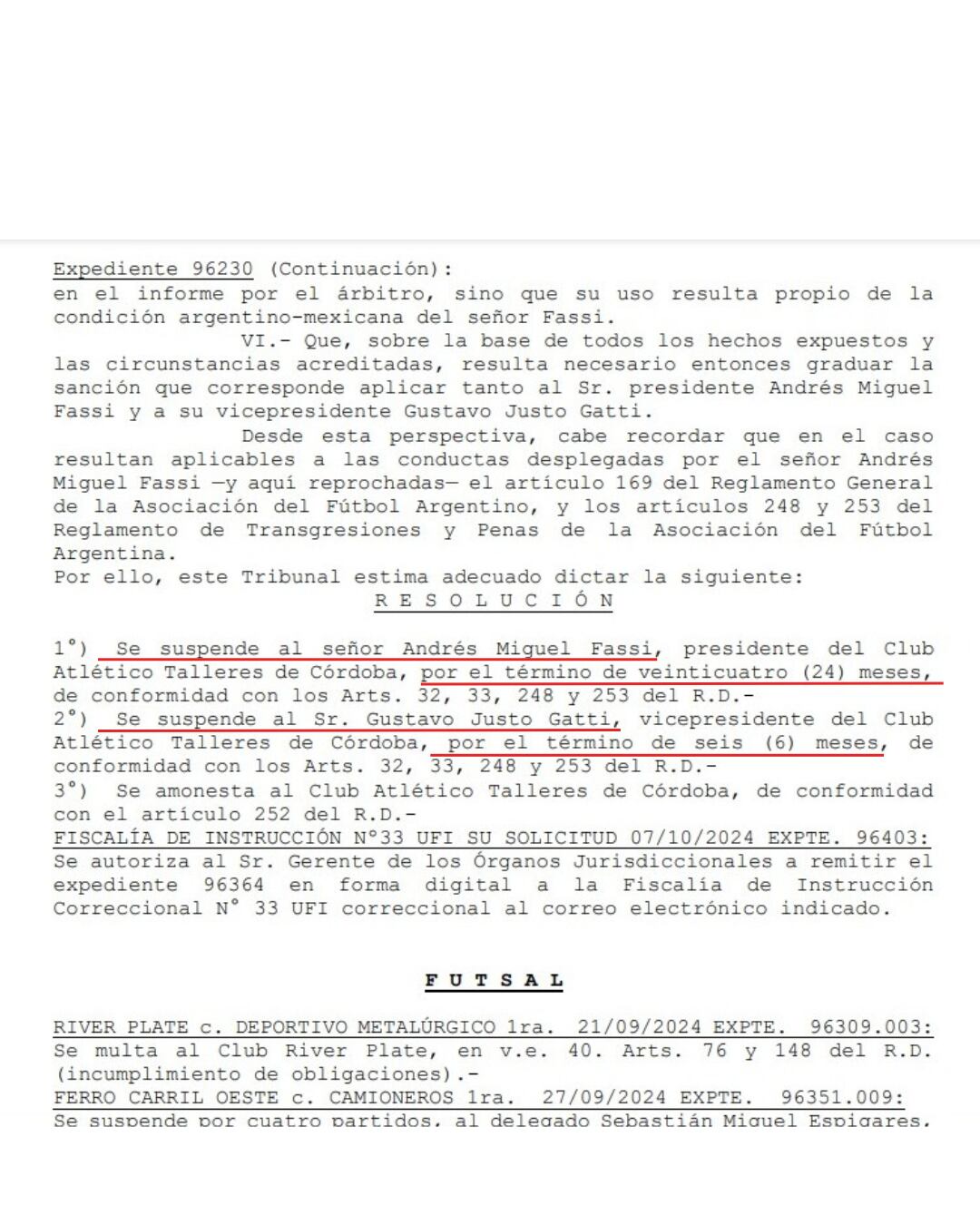 El documento en el que se confirma la suspensión por dos años de Andrés Fassi.