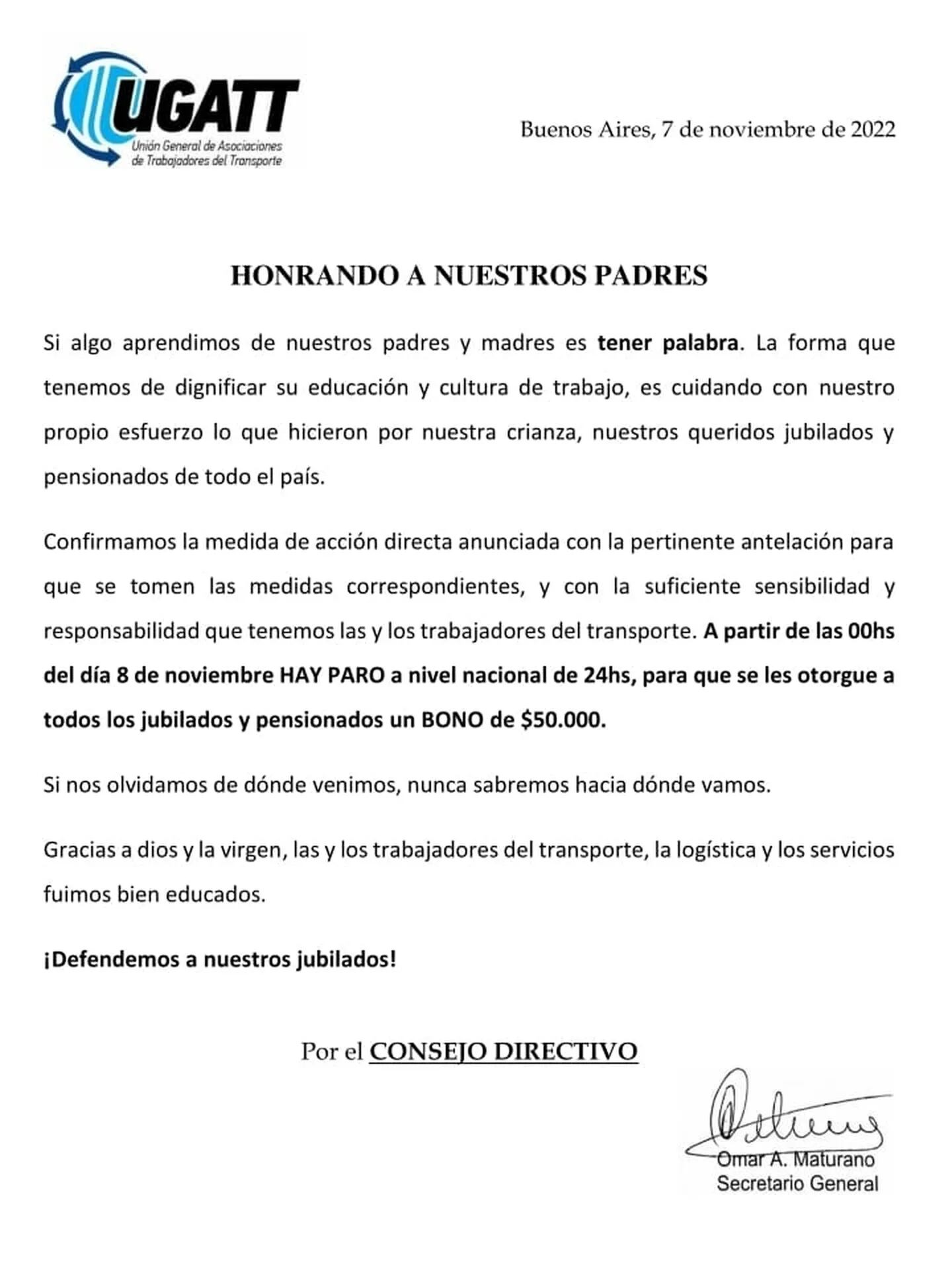 El paro fue planteado por la Unión General de Asociaciones de Trabajadores del Transporte