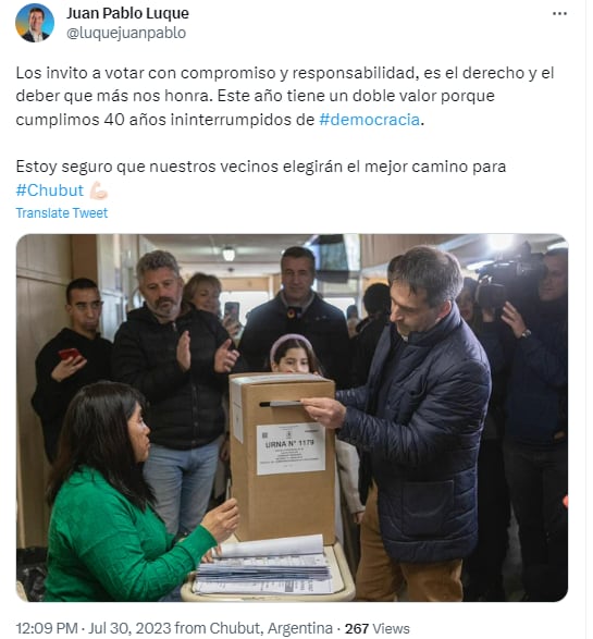 Votó Juan Pablo Luque, candidato a gobernador por el oficialismo chubutense.