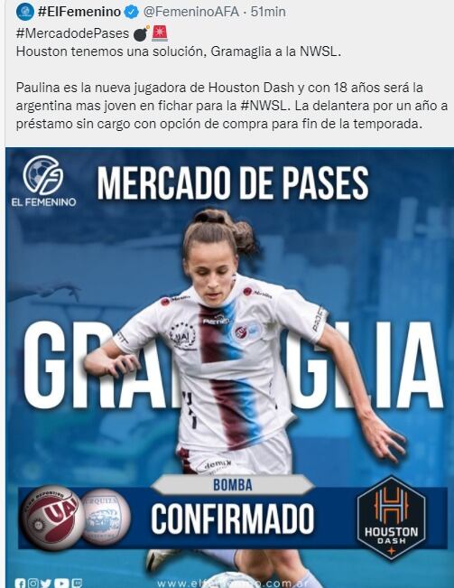 Paulina Gramaglia jugará en Houston, en la liga de Estados Unidos.