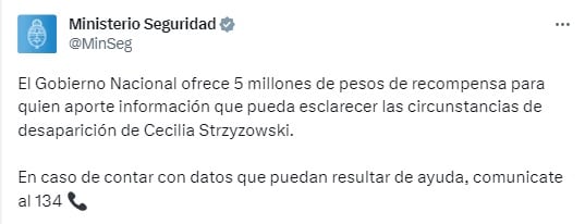 El mensaje en redes del Ministerio de Seguridad.