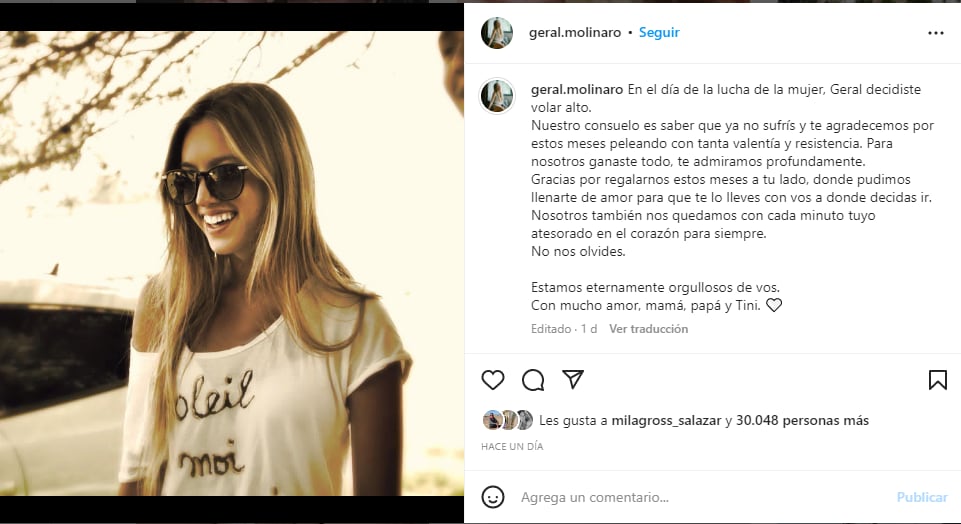 Geraldina Molinaro falleció el miércoles 8 de marzo, luego de una larga lucha contra el cáncer.