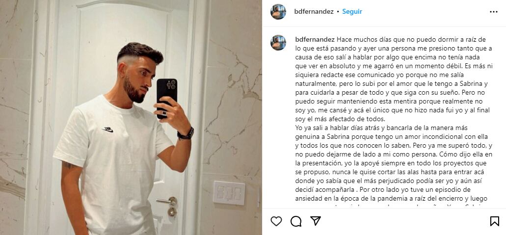 El durísimo descargo de Brian, el novio de Sabrina de Gran Hermano.