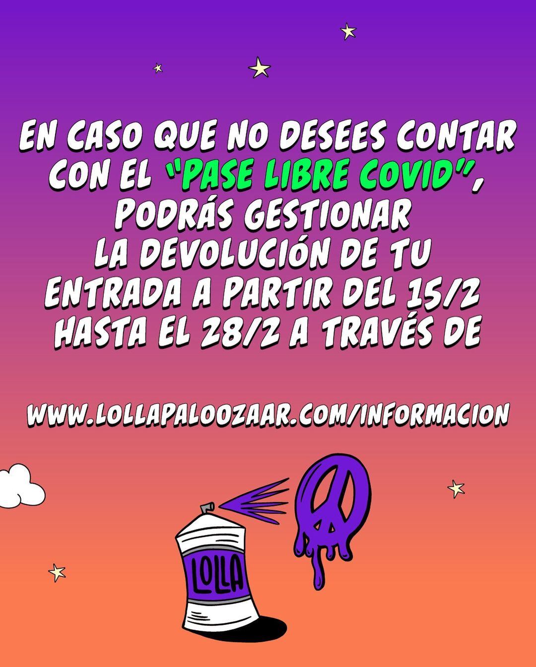 La información que dio el festival Lollapalooza sobre los requisitos para entrar al evento.