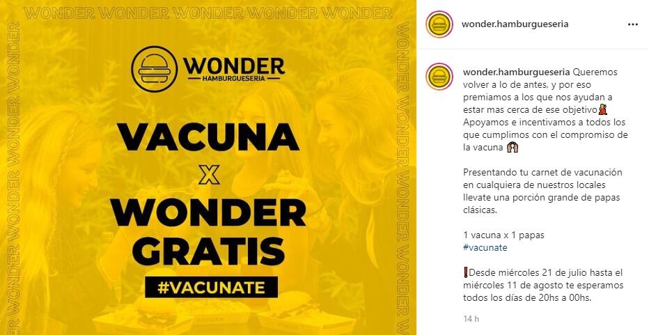 La promoción que largaron desde Wonder a través de su cuenta de Instagram que premia a sus clientes vacunados.