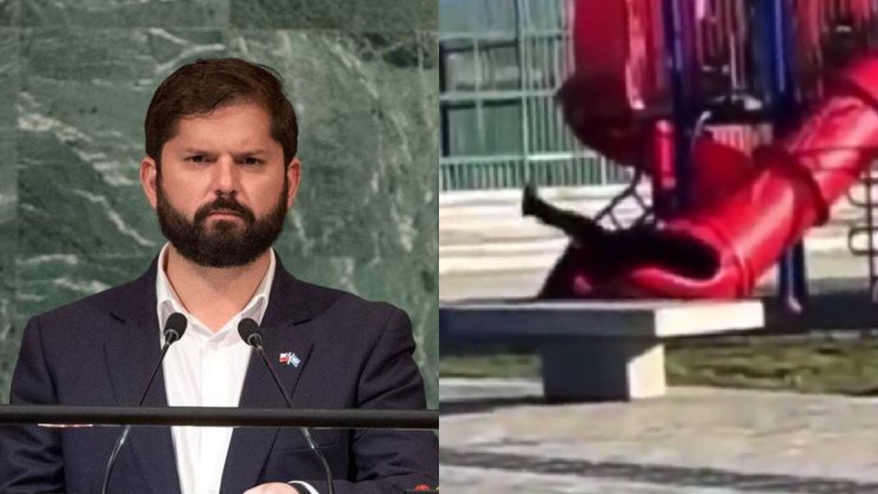 Gabriel Boric quedó atrapado en un tobogán de niños.