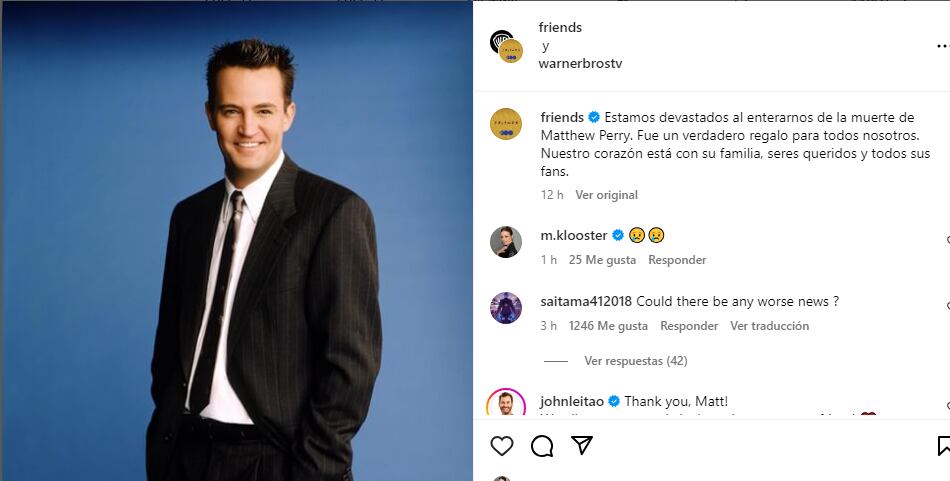 El mensaje de despedida de Warner Brothers Television para Matthew Perry