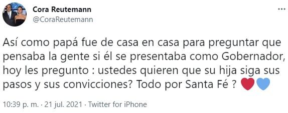 La hija del "Lole" se preguntó si debe seguir los pasos del exgobernador de Santa Fe.