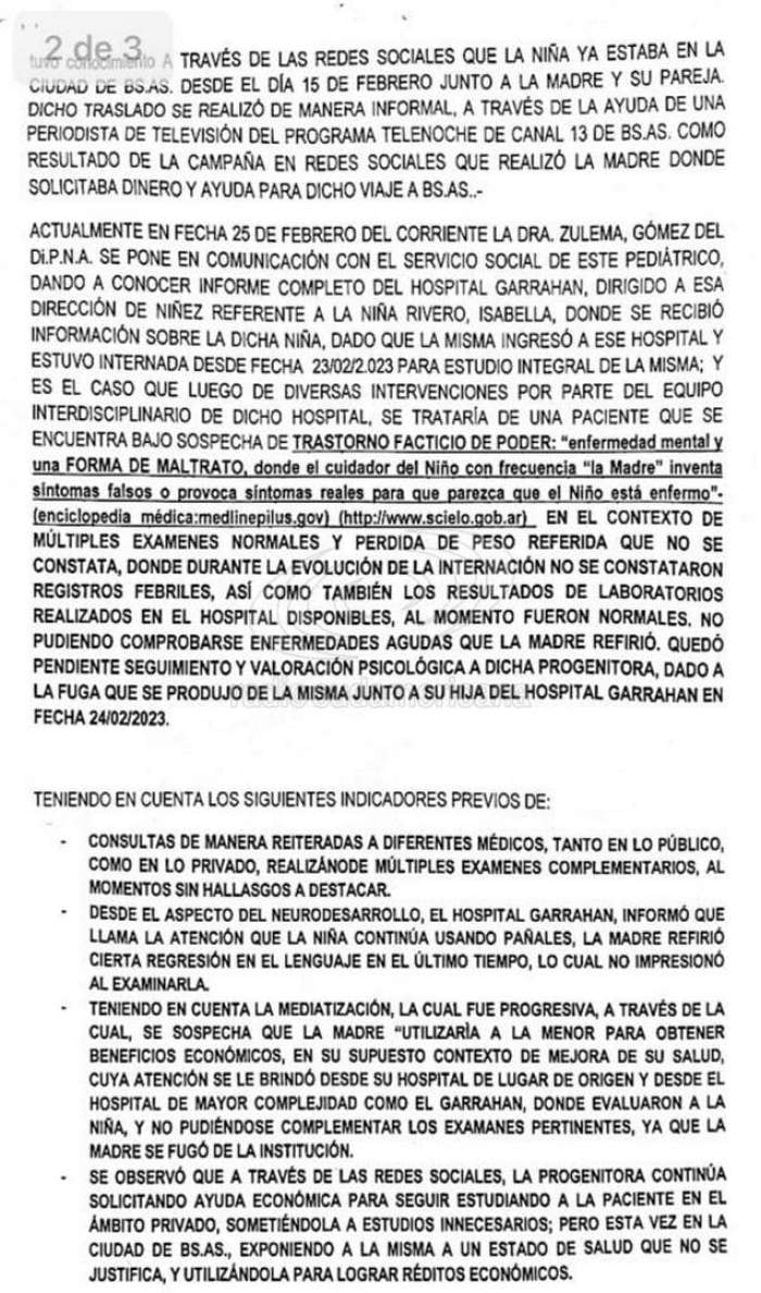 El informe del Pediátrico que advirtió sobre la situación de Isabella, la correntina de 4 años.