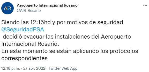 Comunicado del Aeropuerto de Rosario