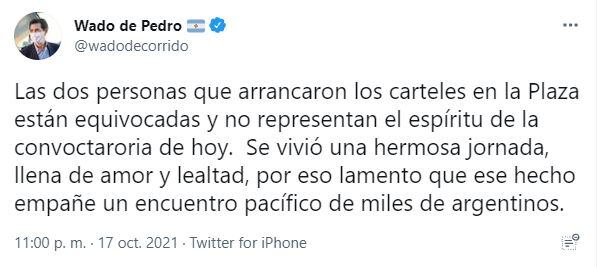 Eduardo "Wado" de Pedro, ministro del Interior de la Nación, repudió el vandalismo al memorial de los muertos por COVID-19.