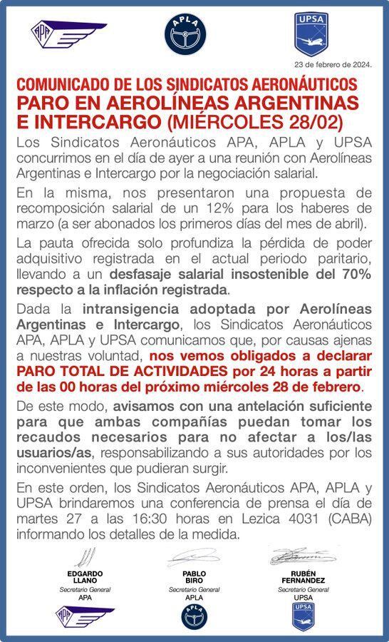 Comunicado de los sindicatos aeronáuticos. Imagen: X / @aplapilotos