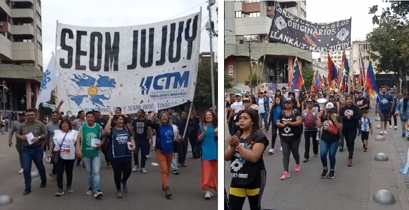 Sindicatos, organizaciones sociales e integrantes del Malón de la Paz marcharon frente a la Casa de Gobierno en la jornada de protesta de este jueves.