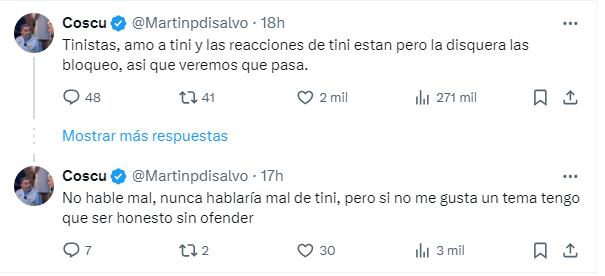 La palabra de Coscu frente a las acusaciones de criticar a “Posta” de Tini Stoessel