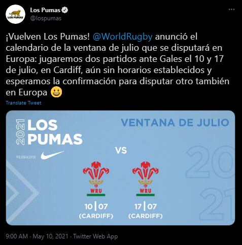 Los Pumas anunciaron las fechas de los partidos ante Gales.