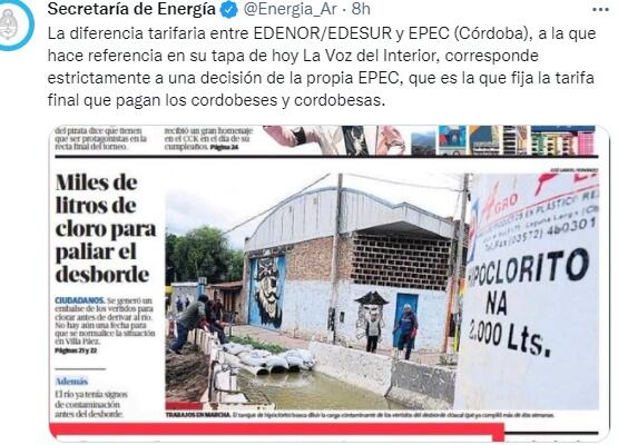 Desde el Gobierno Nacional responsabilizaron a Epec por las tarifas.